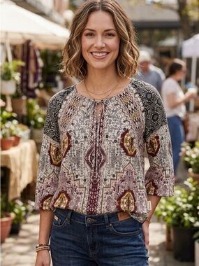 Tribal jeans Boho Printed Tie-Neck Women’s Top in Cream and Burgundy